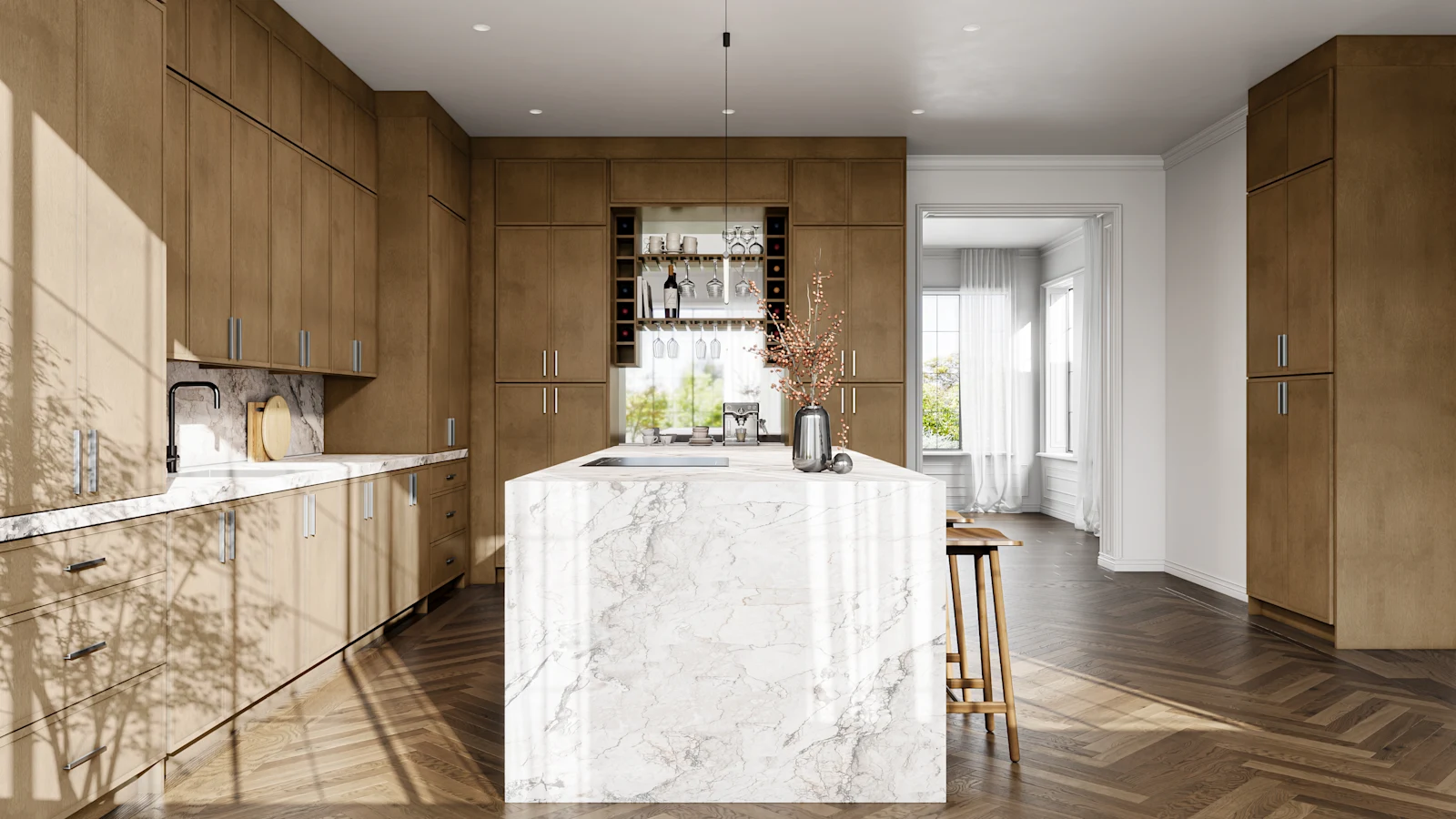 Fabuwood Luna cabinetry in Truffle — walnut kitchen with marble island